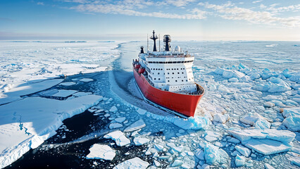 Icebreaker ship navigates through icy Arctic waters, breaking through large sheets of sea ice under clear blue sky in polar region.