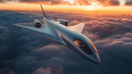 Fototapeta premium A futuristic concept jet flying above the clouds during sunset, representing advanced aerospace engineering and innovative aircraft design.