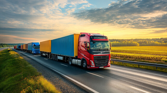 Multiple freight trucks transporting cargo on a highway during sunset, representing logistics and transportation industry.