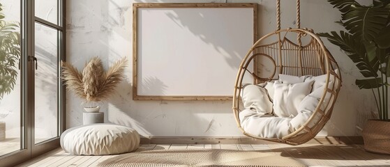 Mockup poster blank frame above a cozy reading corner with a hanging swing chair