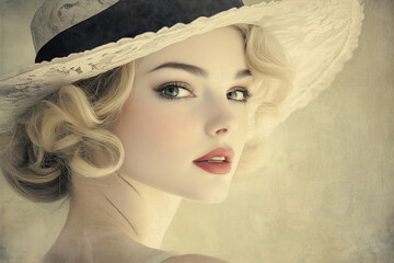 A lovely retro portrait of a woman in coquette style with a wide-brimmed hat, evoking vintage charm and elegance in soft light