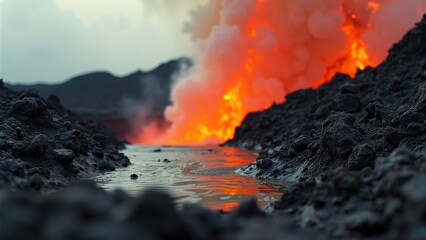 Fototapeta premium The Fiery Depths: A Close-Up View of Molten Lava Illuminating the Dark Rocky Surface
