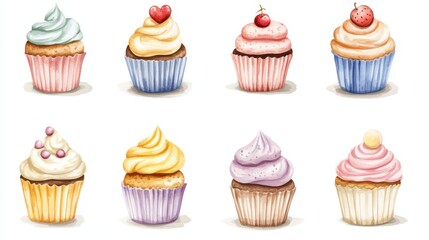 Cupcakes set. White background. Watercolor illustrations