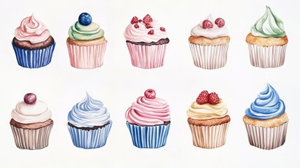 Cupcakes set. White background. Watercolor illustrations