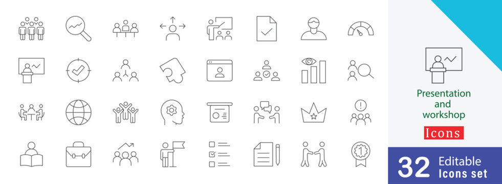 Presentation and workshop simple line art. containing presentation, workshop, seminar, training, teamwork, collaboration,  skill development and more illustration