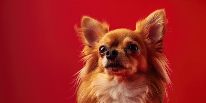 An adorable long-haired Chihuahua and Papillon mix featuring a red and white fur coat.