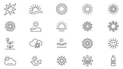 Sun line icon collection. Sun, rays, sunrise, sunshine, sunset, burst, weather and energy icon set. UI outline icon pack