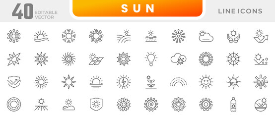 Sun line icon collection. Sun, rays, sunrise, sunshine, sunset, burst, weather and energy icon set. UI outline icon pack