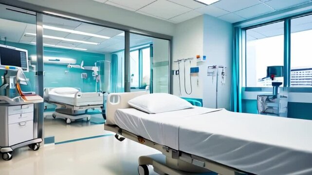 Empty hospital bed in a bright modern clinical room with patient background. Concept Hospital Interior, Modern Design, Clinical Setting, Medical Equipment, Patient Room created with generative ai