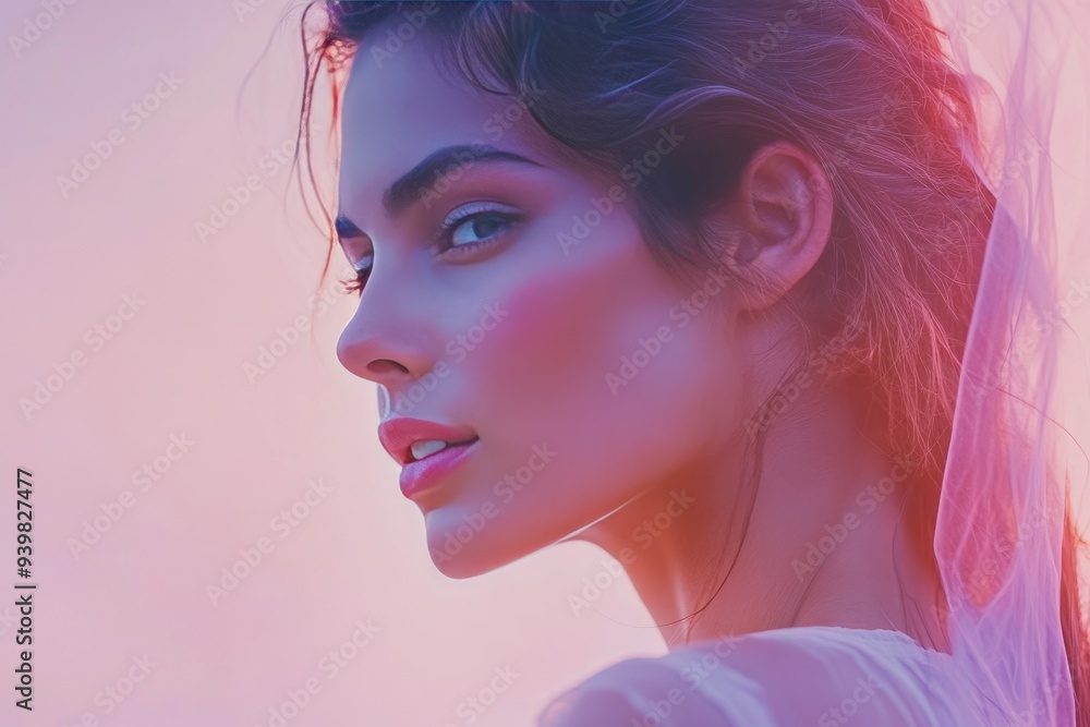 Poster womans profile with a soft glow emphasizing the beauty of simplicity and elegance in a subtle minima