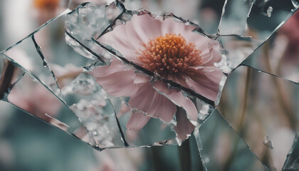 A close-up of a broken mirror with shards reflecting different parts of a single, delicate flower
