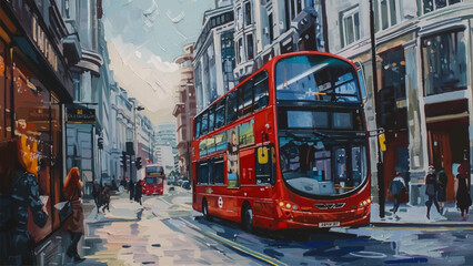 Fototapeta premium London Bus on City Street Oil on Canvas Illustration Urban Scene Iconic Red Bus British Landmark London Cityscape Busy Street Vehicles Pedestrians Historical Architecture Landmark