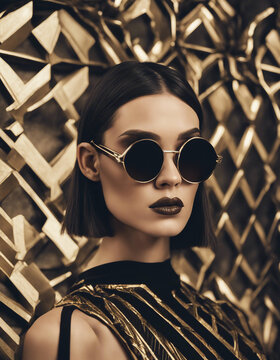A close-up of a woman with a sleek bob haircut and bold geometric makeup. She wears angular