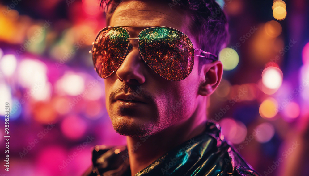 Wall mural A close-up portrait of a man wearing reflective aviator sunglasses, with glitter on his face