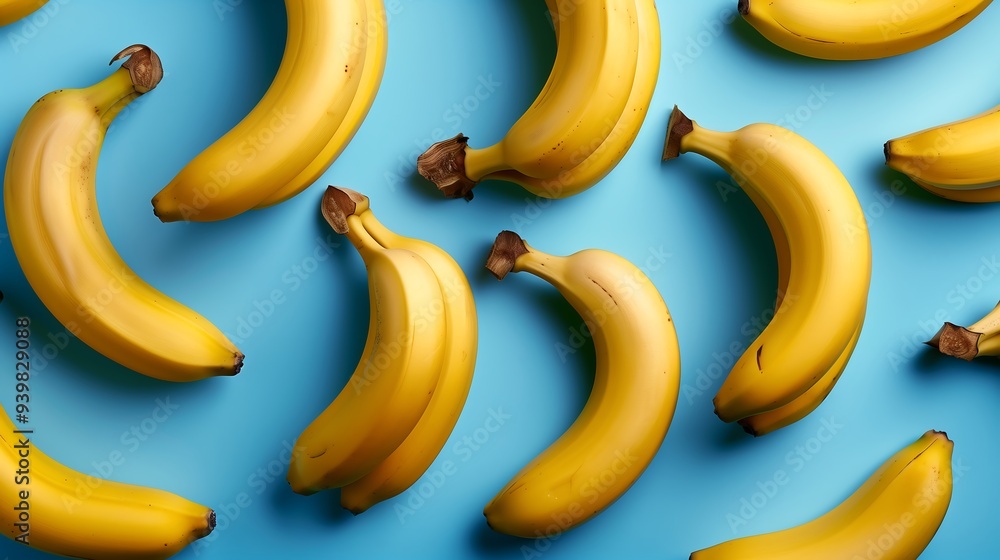 Wall mural bright yellow bananas arranged on a vibrant blue background