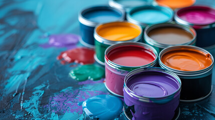 Jars of bright paint on the table. Close-up. Space for text.
