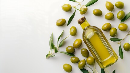Fresh green olives and olive oil bottle on white background