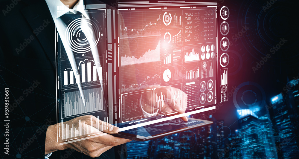 Poster big data technology for business finance analytic concept. modern interface shows massive informatio