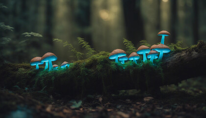 A magical scene featuring glowing, bioluminescent mushrooms growing on a fallen log in a dark forest