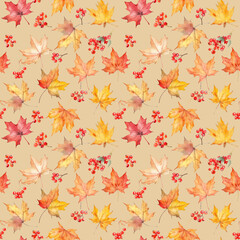 Seamless pattern of bright autumn painted leaves and berries.