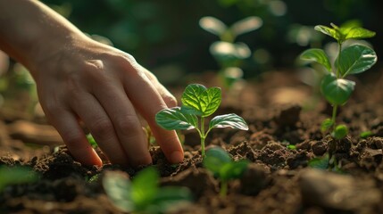 Fototapeta premium A person planting seedlings in a summer garden with hands, soil, and young plants visible.