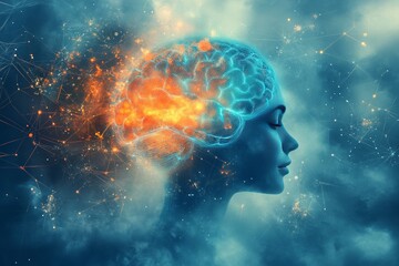 Abstract Profile of a Woman with Glowing Brain Highlighting the Intersection of Technology Thought and Human Creativity