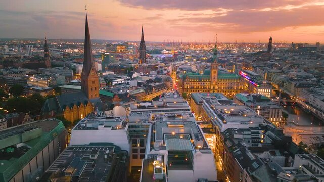 Aerial Hamburg city Germany fly over city hall Townhall Hamburg town hal in front, City Hall Marketplace, hamburg night footage in 4k.