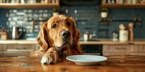 Dog of Golden Retriever Breed Pleading for Food on Kitchen Table
