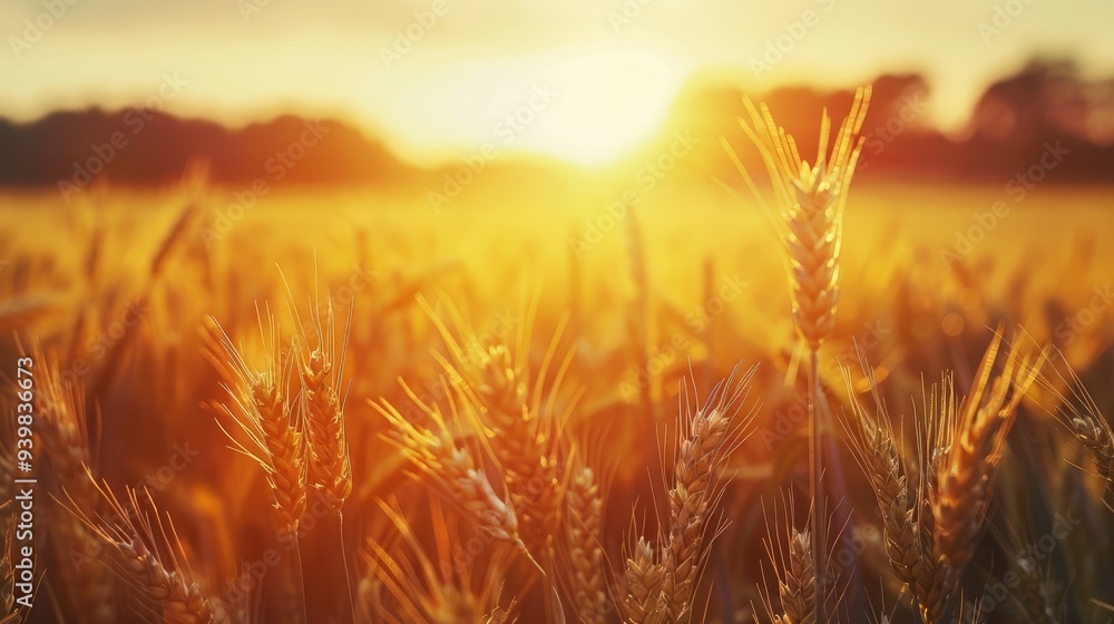 Poster sunset over a golden wheat field with a bokeh effect