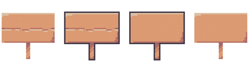 Fototapeta premium Wooden signs pixel art set. Wooden Signboards collection. 8 bit sprite. Game development, mobile app. Isolated vector set illustration.