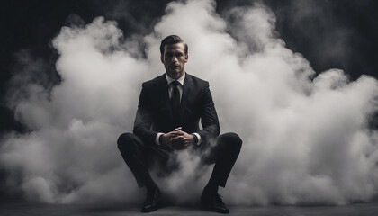 This image portrays a man dressed in a formal black suit and tie, sitting with his hands clasped 