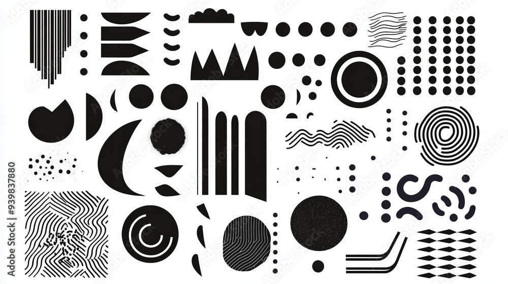 Poster a black set of memphis design elements, featuring a collection of simple geometric graphics for your