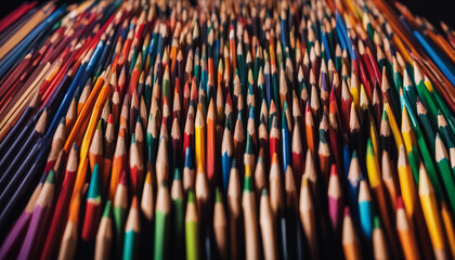 Obraz premium This image shows a collection of colorful pencils neatly arranged in a row against a stark black 