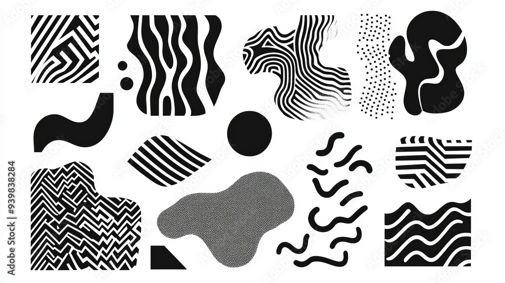 Poster a set of abstract vector geometric figures featuring black and white patterns. this collection inclu
