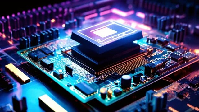 高度なマイクロプロセッサがマザーボードに接続されAIが光りシステムが動作する