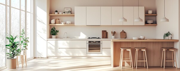 Modern minimalist Scandinavian kitchen with natural light and open shelves