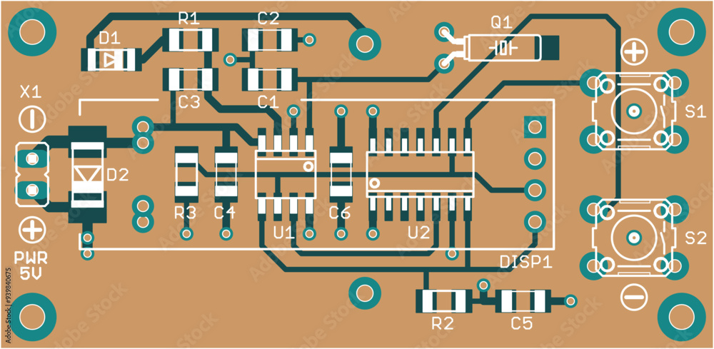 Poster vector printed circuit board of electronic device with components of radio elements, conductors and 