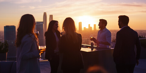 Fototapeta premium A sunset rooftop gathering with friends sipping drinks and enjoying the view of the city skyline