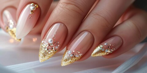 Elegant Bridal Nail Art on Woman's Hands Featuring Classic French Manicure for a Glamorous Event