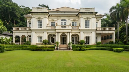 Fototapeta premium Magnificent White Mansion with Lush Greenery