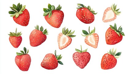 Strawberry set. White background. Watercolor illustrations