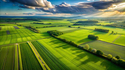 Amazing aerial view of a huge green field. Beautiful summer landscape