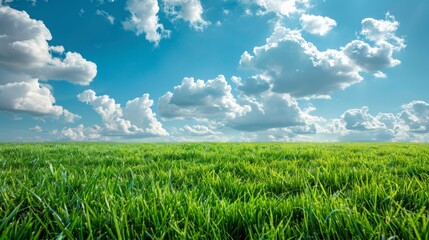 Obraz premium Green Grass Field with Cloudy Sky, Nature, Landscape, Grass, Sky