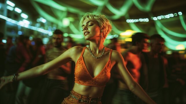 Ecstatic dancer in motion under neon green lights