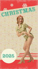 Pretty young woman in fun, playful pose, wearing retro outfit and counting down to festive Christmas 2025. Contemporary art collage. Concept of vintage design. Retro poster, postcard template