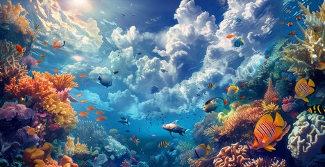 Obraz premium Underwater Paradise Colorful Reef with Sky Reflection, Digital Art, Fish, Coral, Ocean, Underwater Life, Reef