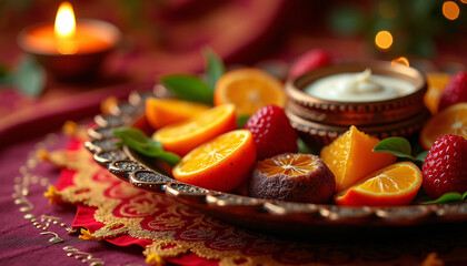 A close-up of a decorative Karva Chauth sargi plate with fruits sweets and a traditional cloth enhancing the festive appeal
