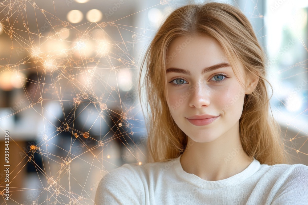 Poster close up of a young woman with network visualization overlaid representing connection digital identi