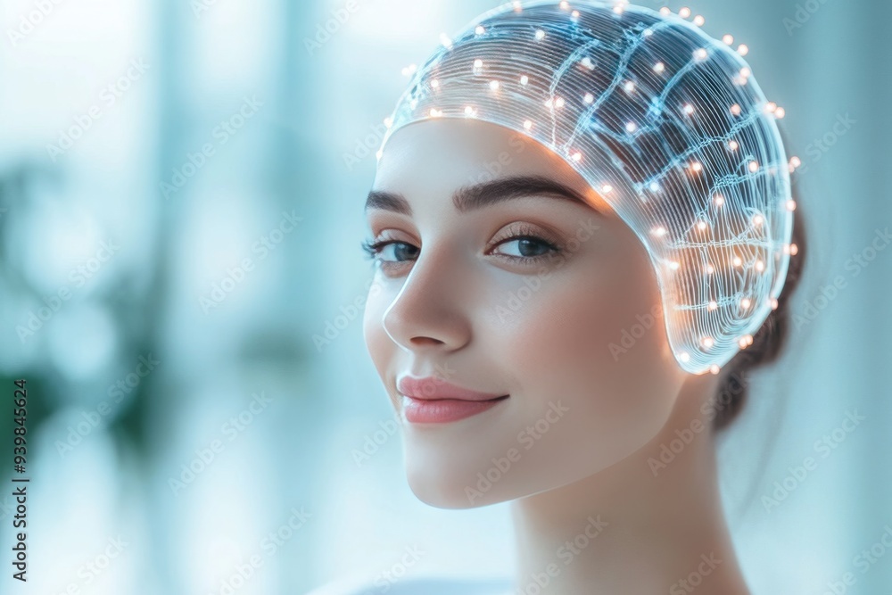 Poster portrait of a smiling woman with digital brain interface symbolizing advanced cognitive technology m