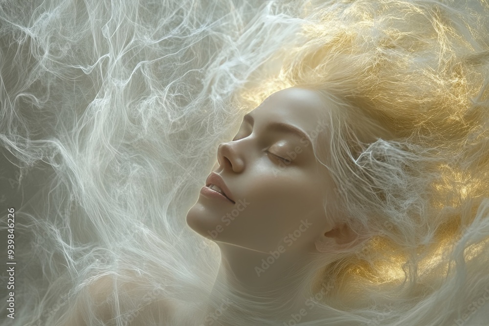 Poster dreamy portrait of a woman enveloped in ethereal light symbolizing imagination serenity and transcen